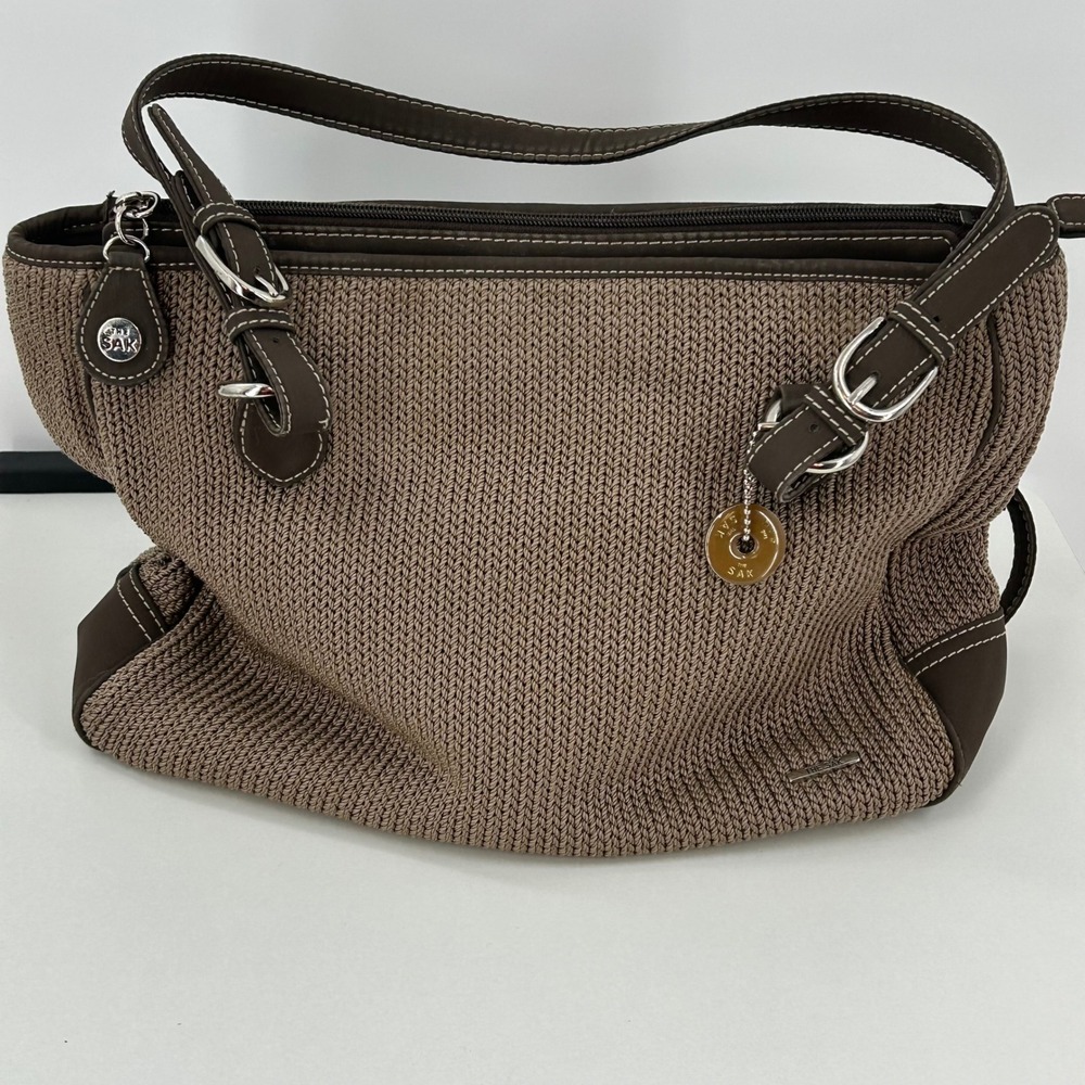The Sak Crochet Shoulder Bag‎ Taupe Brown Knit Hobo Purse Silver Hardware Medium